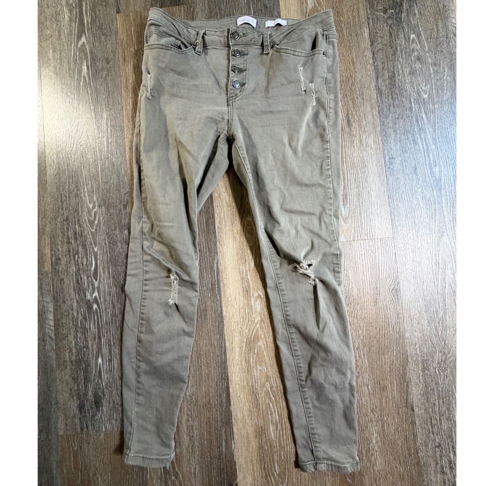 Angel Kiss Skinny Jeans Womens 11 Olive Green Distressed Button Fly Pants